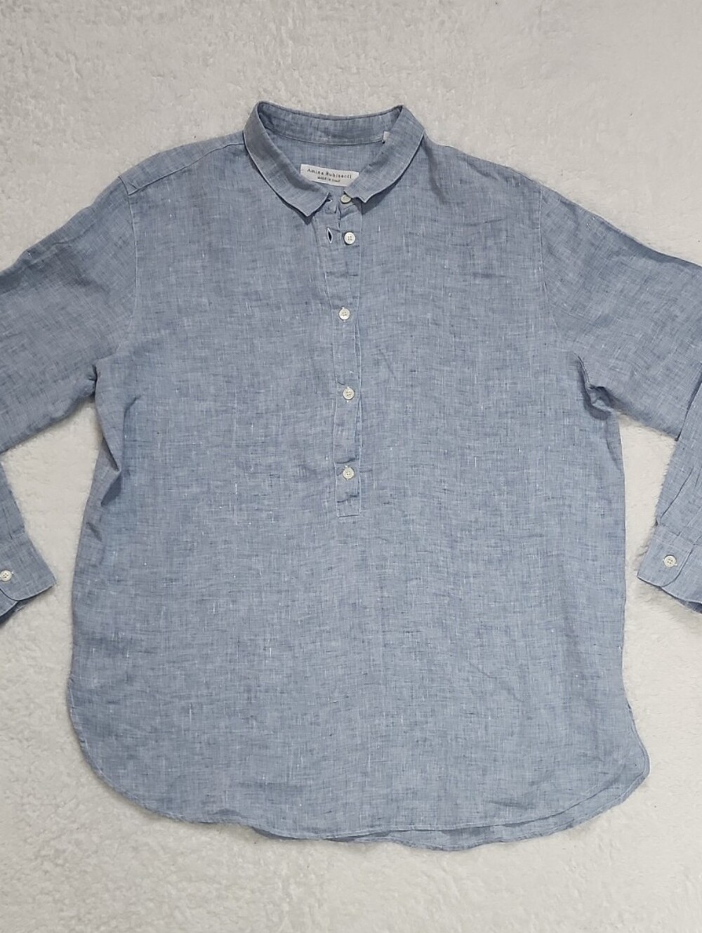 Amina Rubinacci Light Blue Linen Popover Long Sleeve Shirt